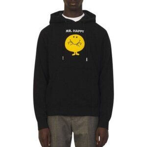 Sandro Paris Mens Mr. Happy Black Hoodie With Embroidered Smiley Graphic Drawstr